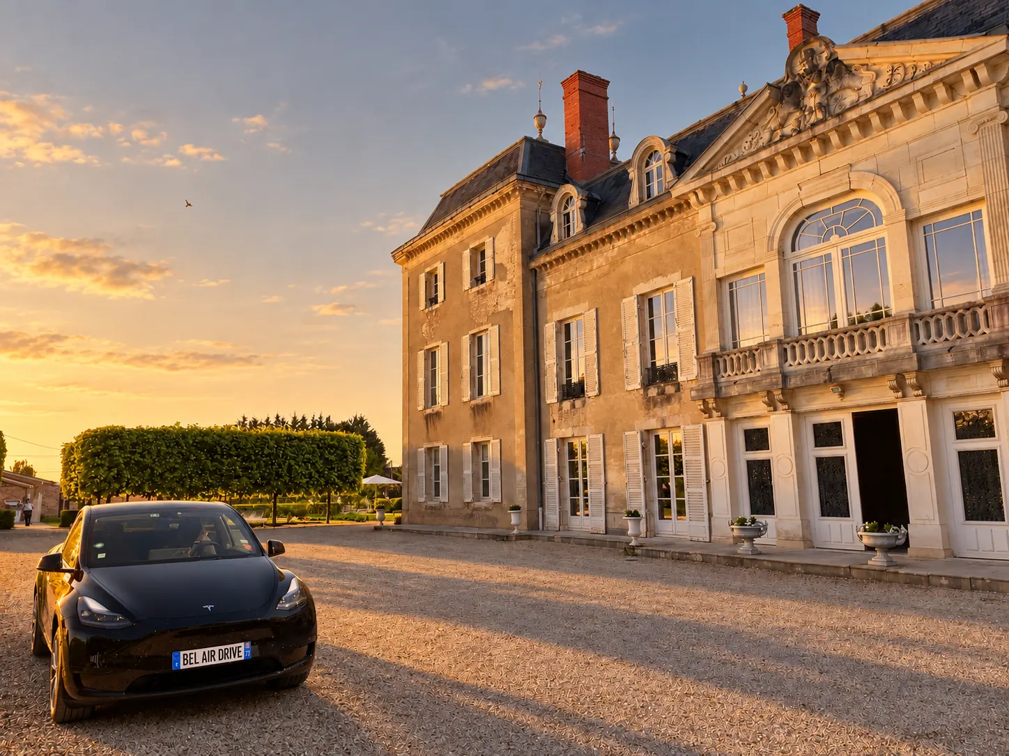 La Tesla Model Y noire de Bel Air Drive dans la cour du château de Charette-Varennes