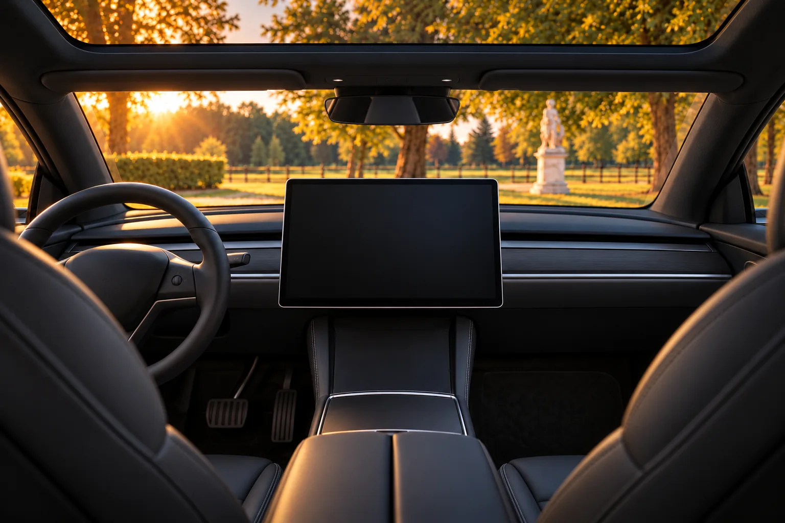 L’habitacle noir de la Tesla Model Y : sellerie en cuir noir, grand écran central, toit en verre