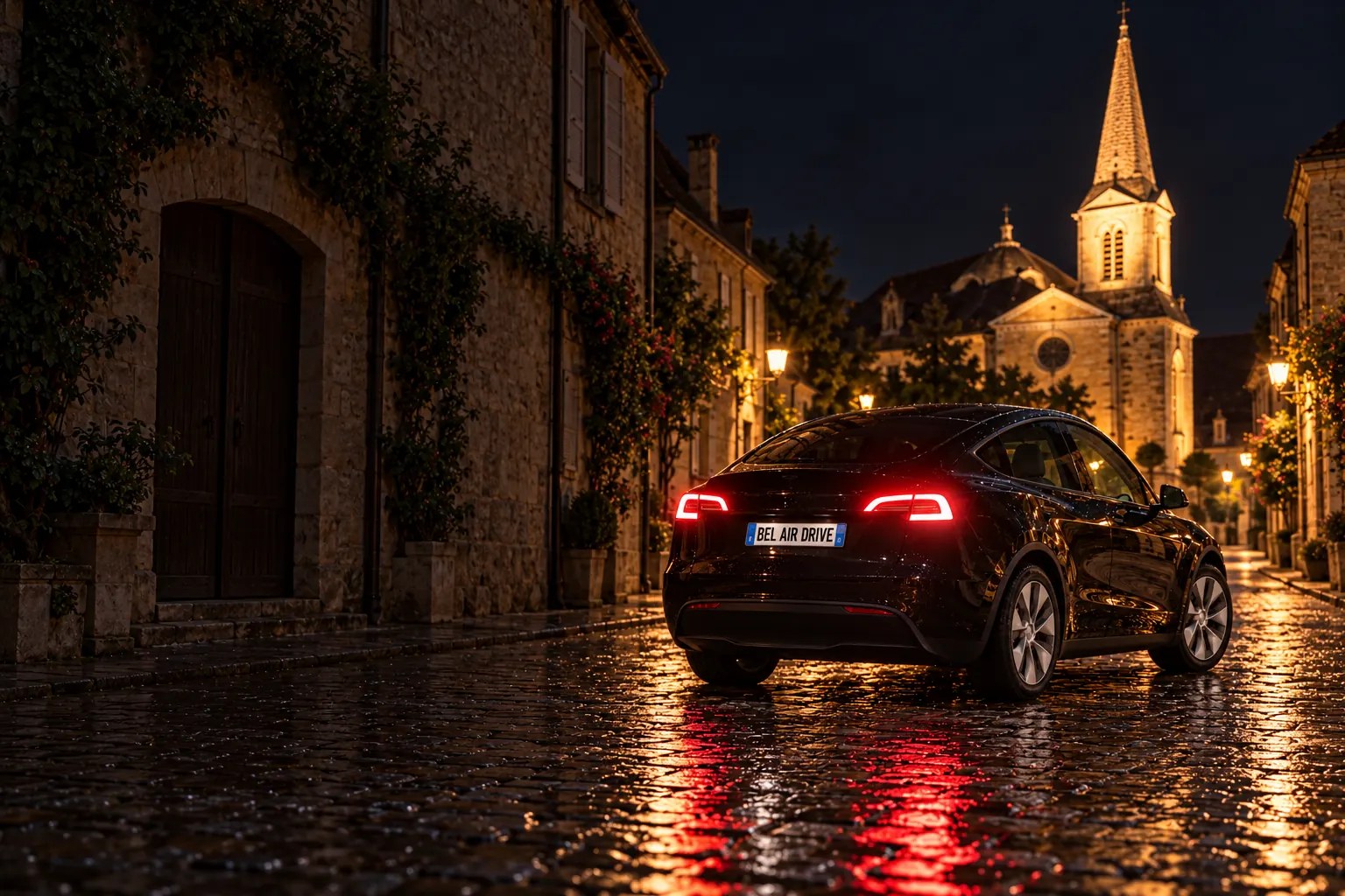La Tesla de Bel Air Drive de nuit, dans une rue pavée de Bourgogne