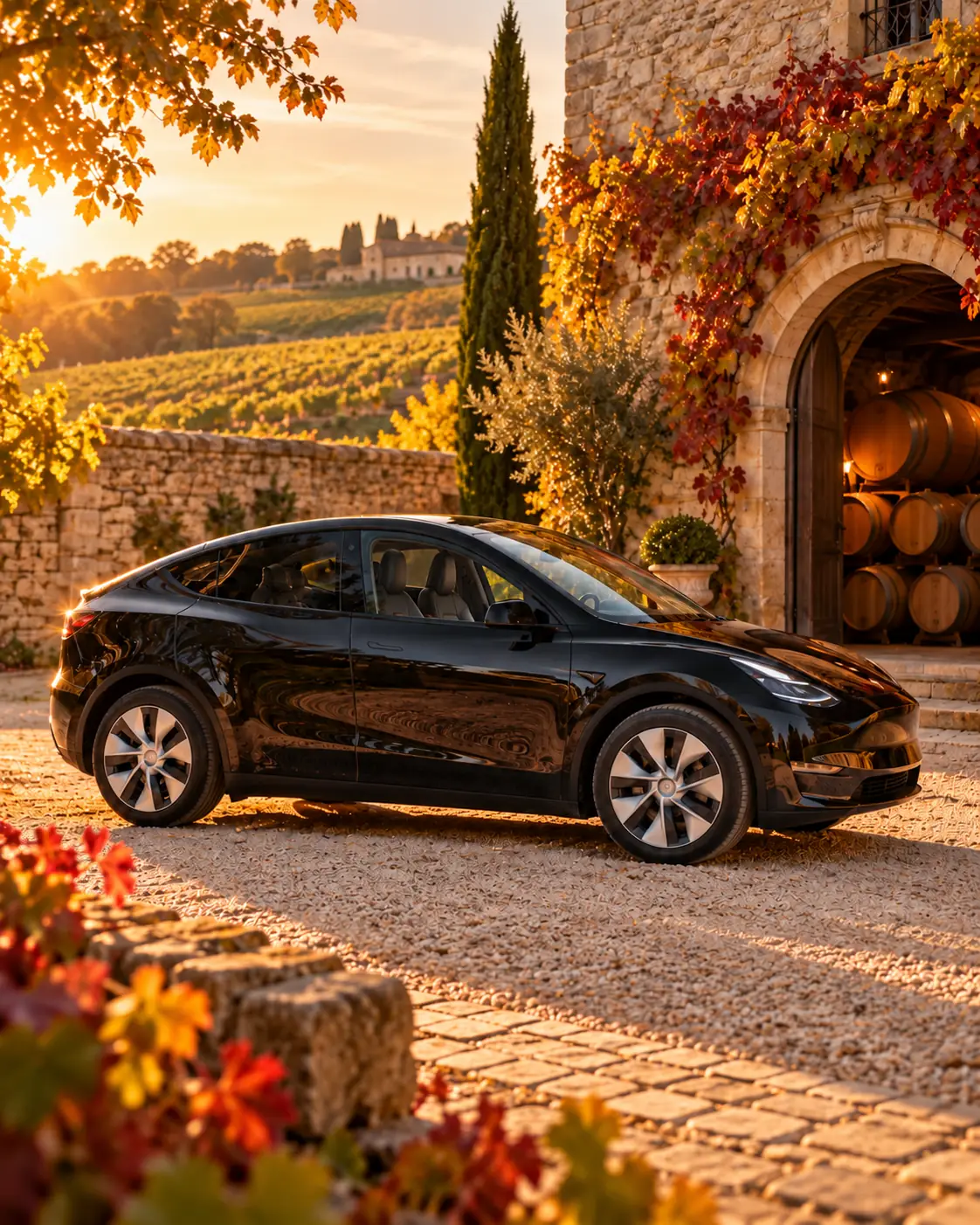 La Tesla dans la cour d’un domaine viticole, devant l’entrée d’un chai et ses tonneaux