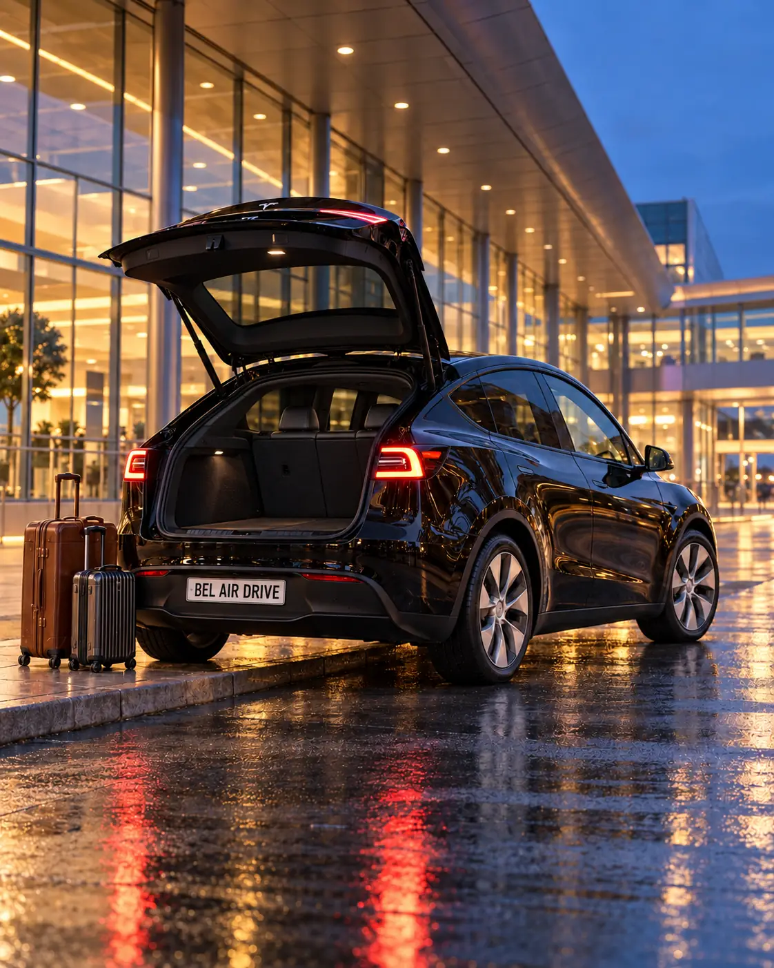 La Tesla de Bel Air Drive devant un terminal d’aéroport, valises posées près du coffre ouvert